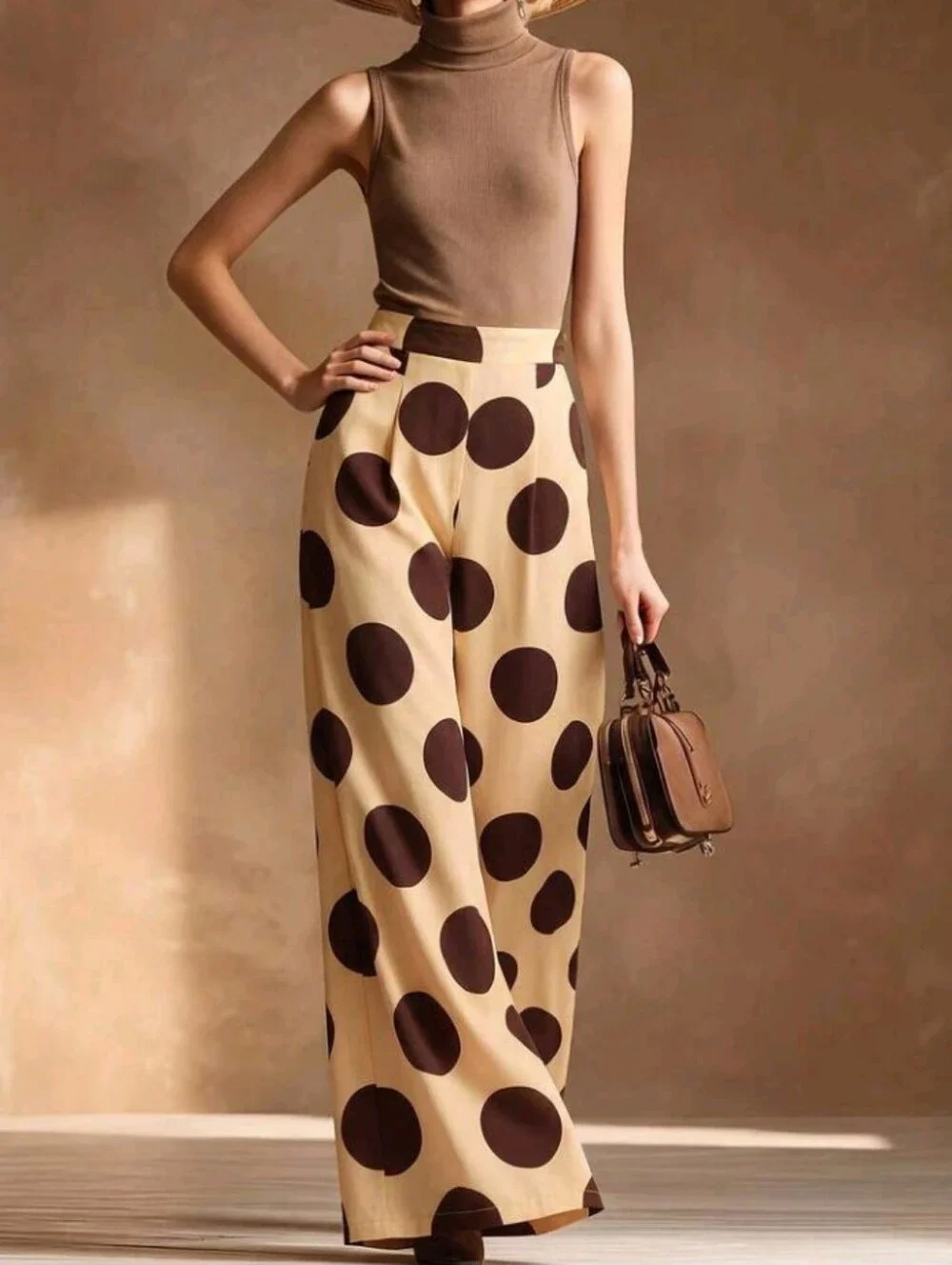 Women's Elegant High-Waisted Wide-Leg Polka Dot Pants, Suitable For Business